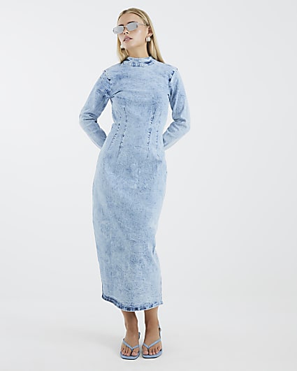 Petite Blue Denim Long Sleeve Midi Dress