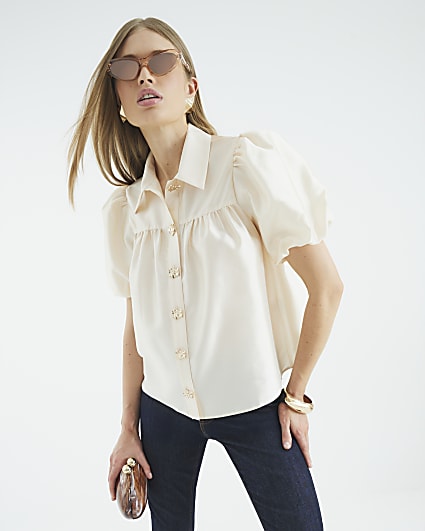 Cream Button Detail Short Puff Sleeve Shirt