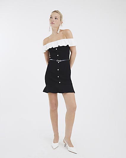 Black Knit Bardot Frill Belted Mini Dress