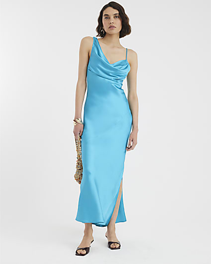 Blue Satin Cowl Neck Maxi Slip Dress