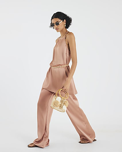 Brown Satin Straight Leg Trousers
