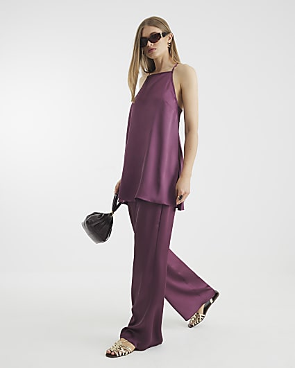 Purple Satin Straight Leg Trousers