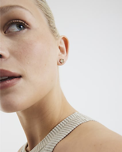 Gold Diamante Flower Stud Earrings
