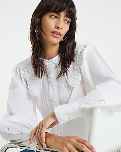 White Long Sleeve Collared Blouse