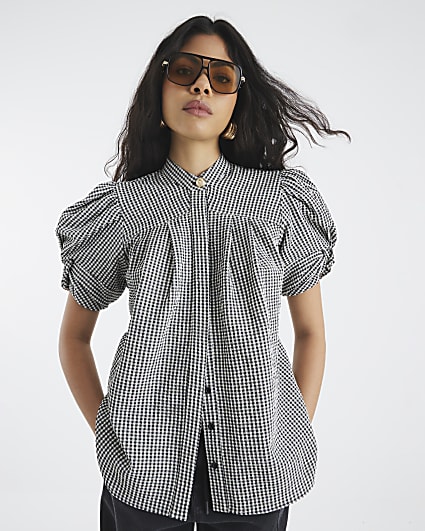 Black Pleated Gingham Blouse