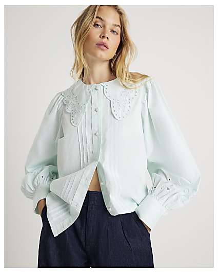 Blue Long Sleeve Collared Blouse