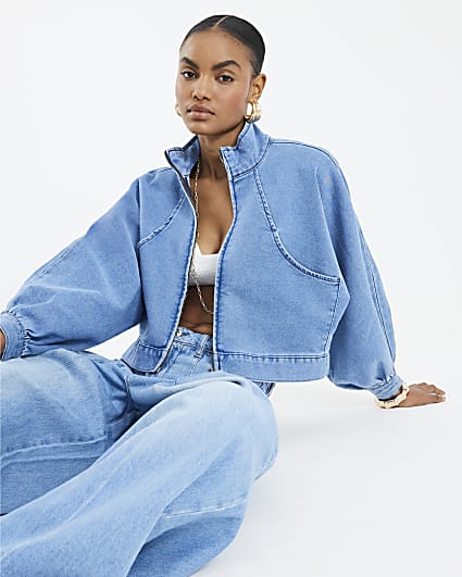 Blue Denim Batwing Sleeve Zip Through Jacket