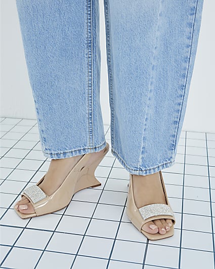 Pink Peep Toe Wedge Diamante Sandals