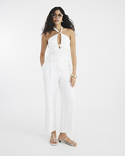 White Tapered Straight Leg Trousers