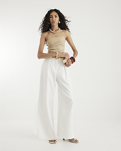 White Belted Wide Leg Trousers