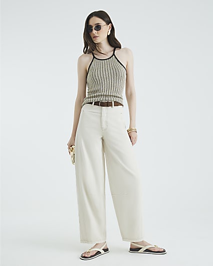 Cream Belted Pocket Balloon Jeans