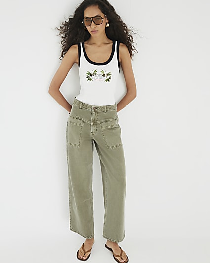 Khaki High Rise Pocket Front Barrel Jeans