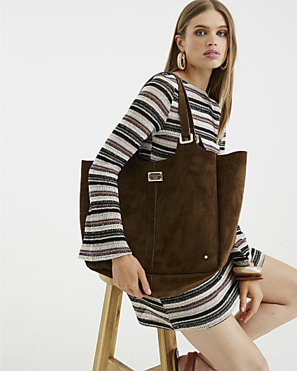Khaki Faux Suede Winged Shopper Bag
