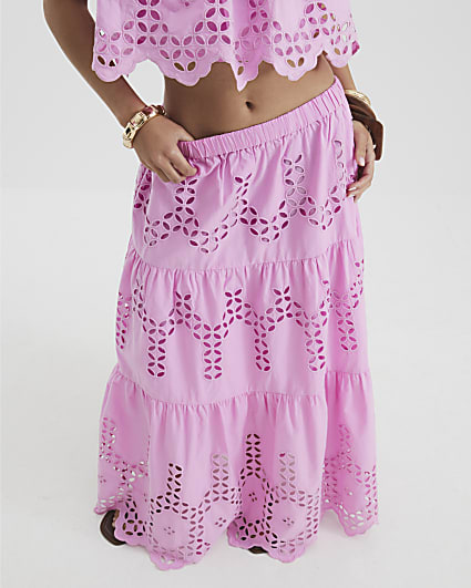 Petite Pink Maxi Embroidered Cutwork Skirt