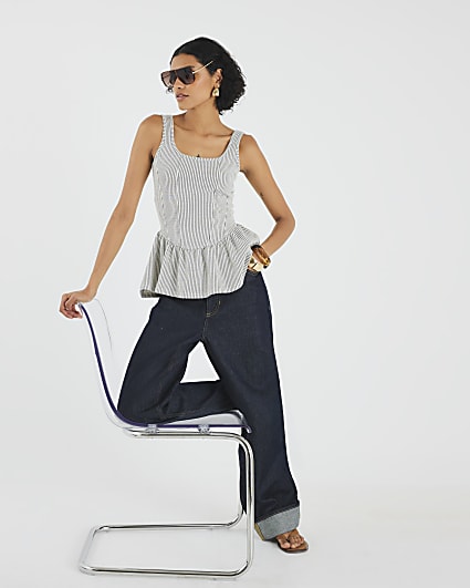 Black Sleeveless Stripe Peplum Top