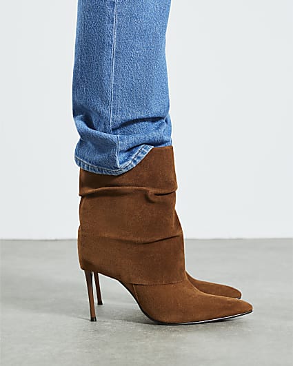 Brown Suede Fold Over Ankle Boots
