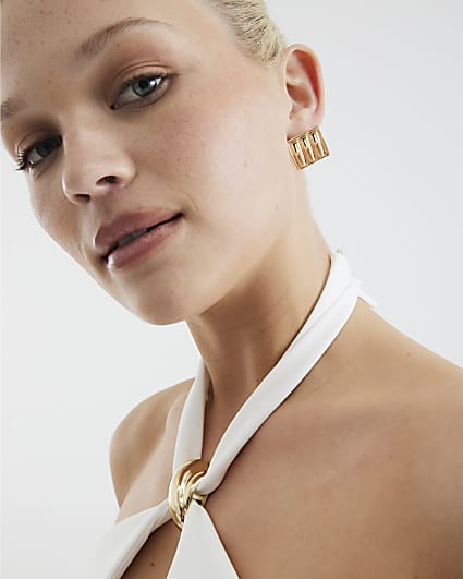 Gold Square Textured Stud Earrings