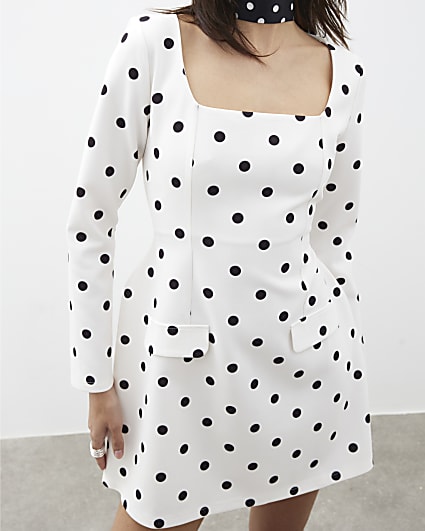 Cream Polka Dot Long Sleeve Mini Dress