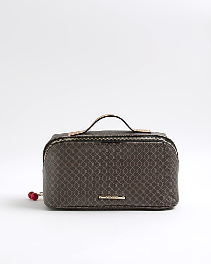 Brown Monogram Print Charm Make Up Bag