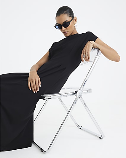 Black Grown On Sleeve Seamed Midi Dress