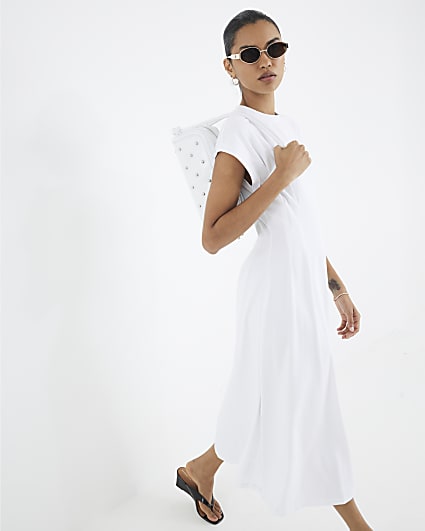 White Grown On Sleeve Seamed Midi Dress