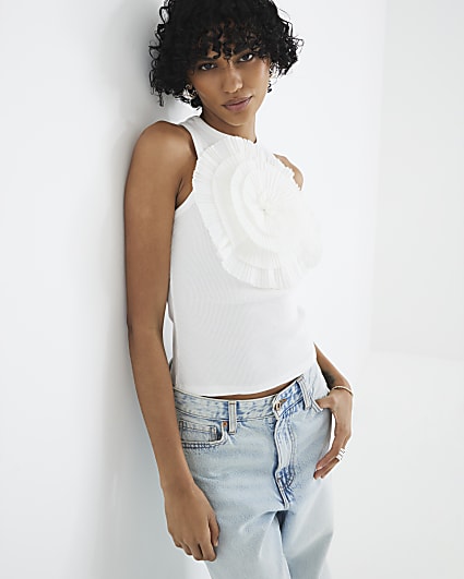 White Sleeveless 3D Floral Ruffle Tank Top