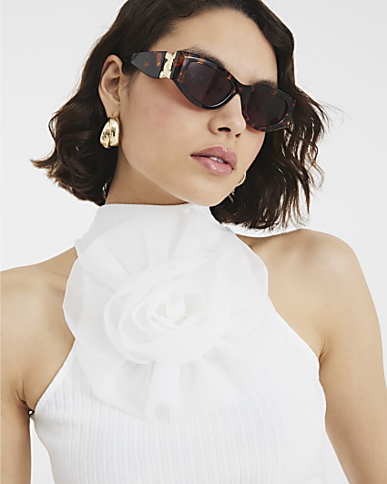 White Organza Flower Ribbed Tank Top