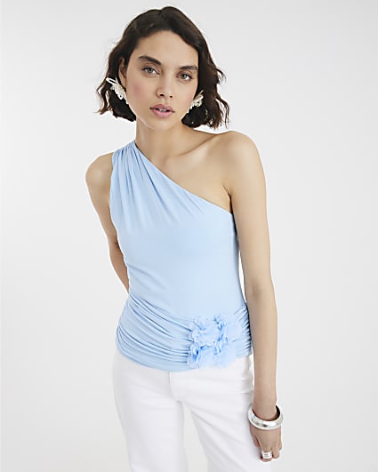 Blue Sleeveless Corsage Drape Tank Top