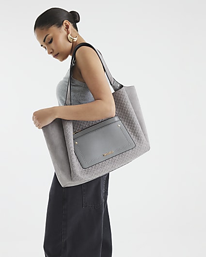 Grey Pocket Front Embossed Shopper Bag