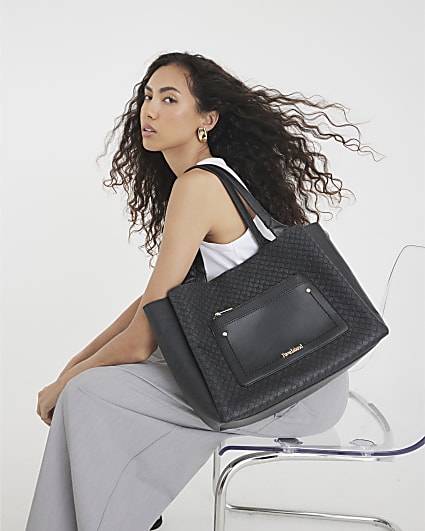 Black Pocket Front Embossed Shopper Bag