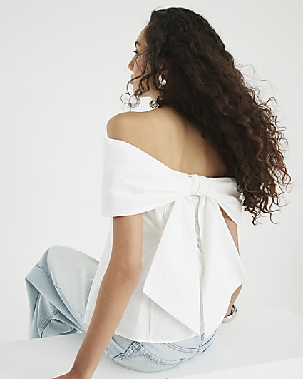 White Bow Bardot Top