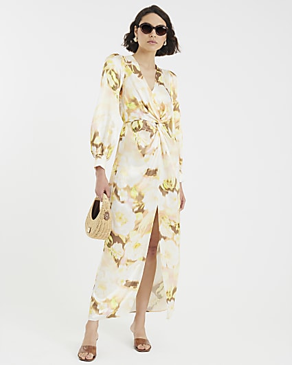 Cream Satin Floral Twist Front Maxi Dress