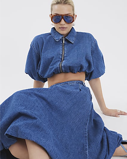 Blue Denim Short Sleeve Bubble Hem Top