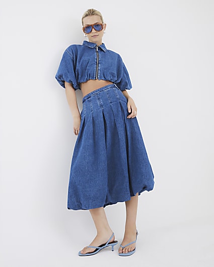 Blue Denim Bubble Hem Midi Skirt