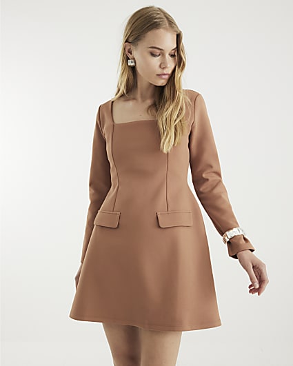 Brown Long Sleeve Square Neck Mini Dress