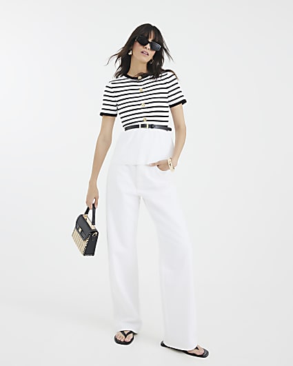 Cream Striped Short Sleeve Belted Cardigan