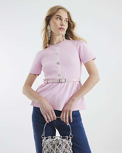 Pink Knit Short Sleeve Belted Top