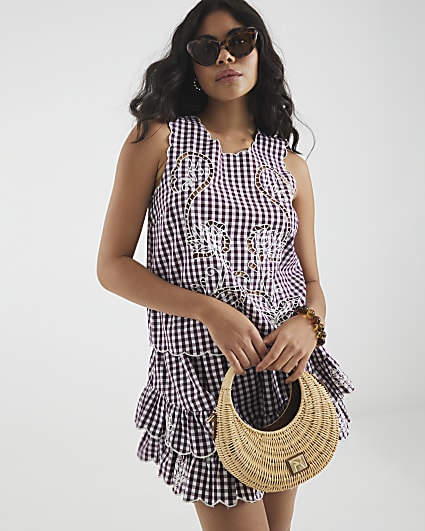 Red Gingham Cutwork Tank Top