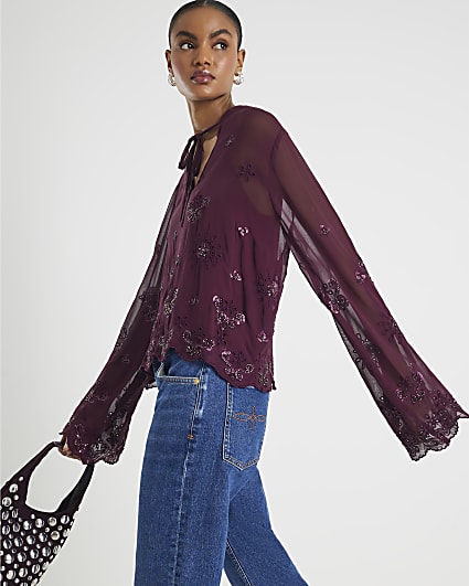 Red Chiffon Embellished Cutwork Blouse