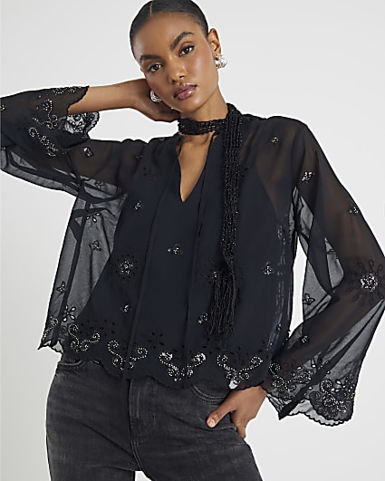 Black Long Sleeve Chiffon Cutwork Blouse