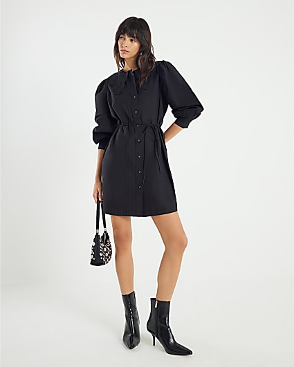 Black Collared Mini Shirt Dress