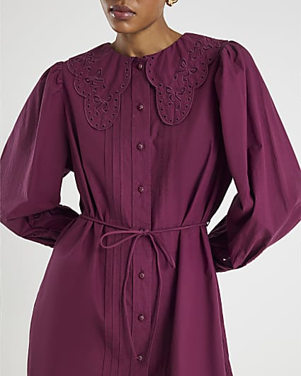 Red Scalloped Collar Mini Shirt Dress