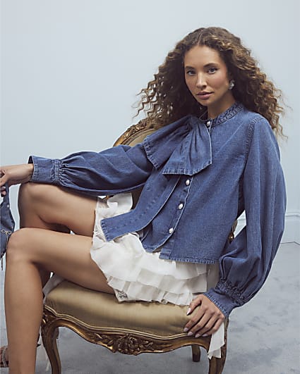 Blue Denim Long Sleeve Pussybow Blouse