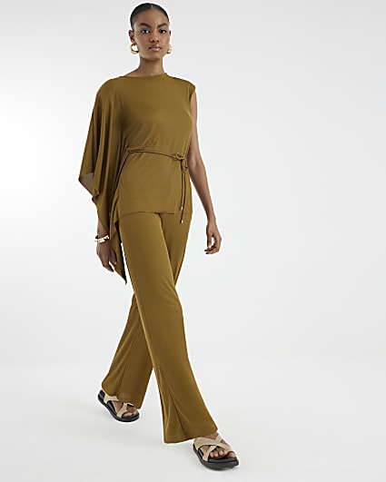 Green Ribbed Wide Leg Trousers
