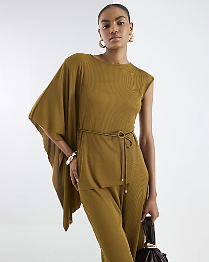 Green Short Sleeve Cape Ribbed Belted Top
