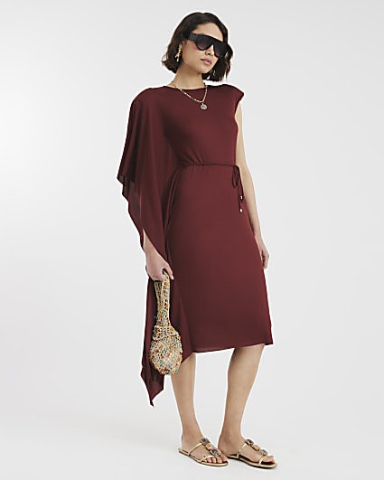 Rust Cape Ribbed Belted Midi Dress