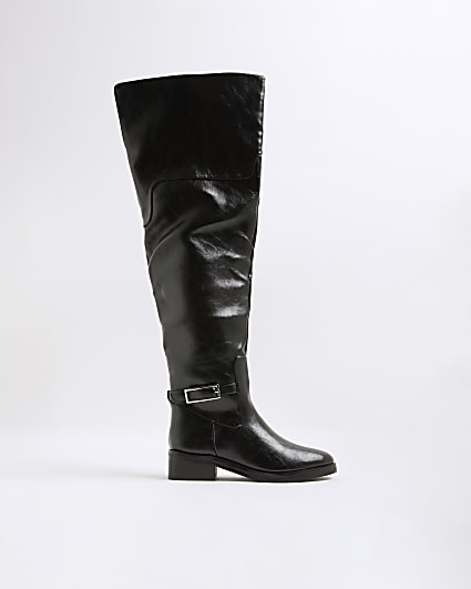 Black Thigh High Buckle Boots