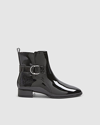 Black Patent Low Block Heel Buckle Boots