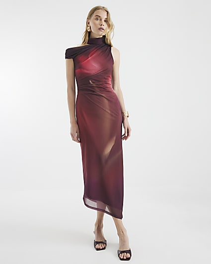 Red Sleeveless High Neck Mesh Midi Dress