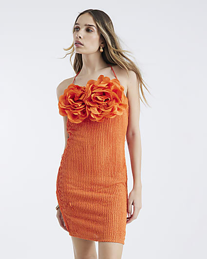 Orange Corsage Halter Neck Mini Dress
